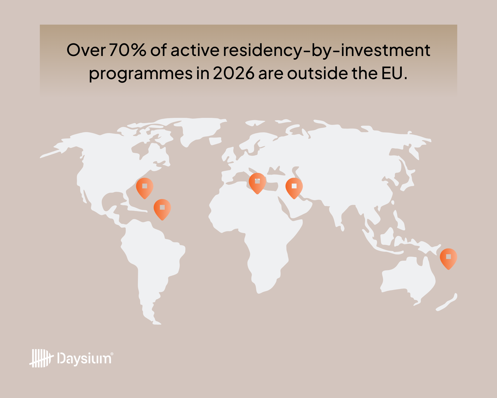 A picture of the world map showing that majority of golden visas in 2026 are outside the EU.