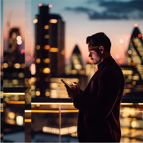 Product mock — a man checking a phone against a city skyline at dusk.