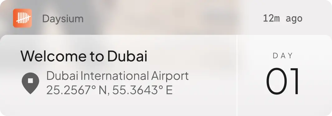 Product mock — Daysium Mobile welcome card for Dubai International Airport, day 01.