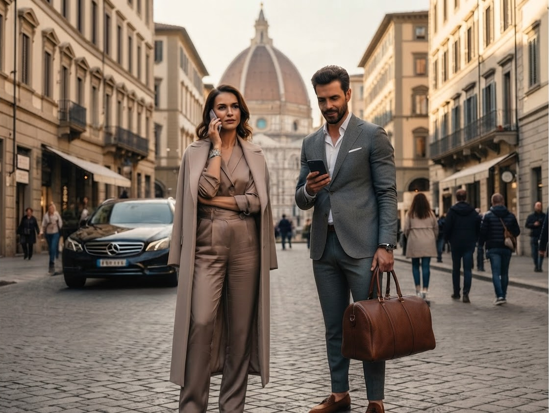 A couple on a Florence street below the Duomo, one of them taking a call.