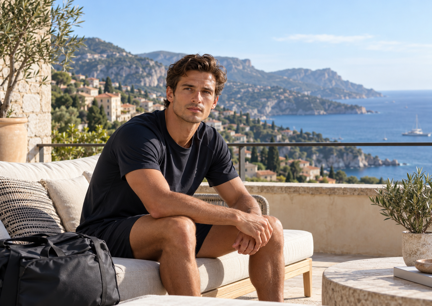 A man in a black shirt sitting on a terrace above a Mediterranean coast.
