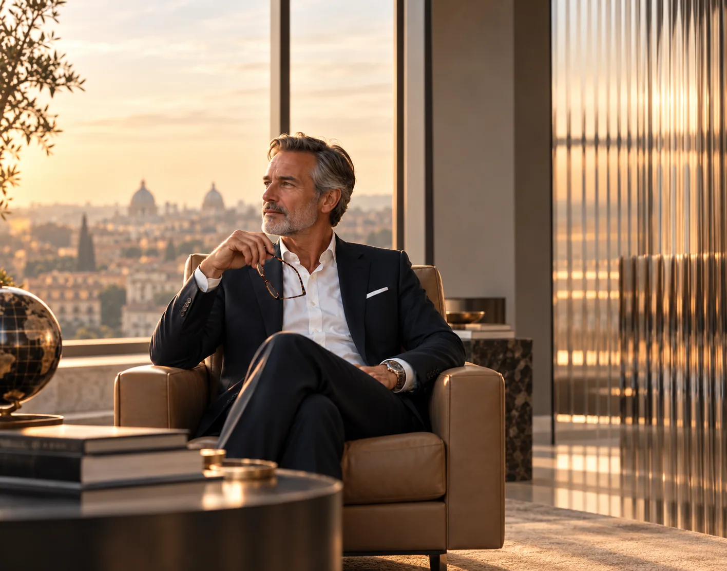 A man in a dark suit seated in an armchair, looking out over a city at sunset.