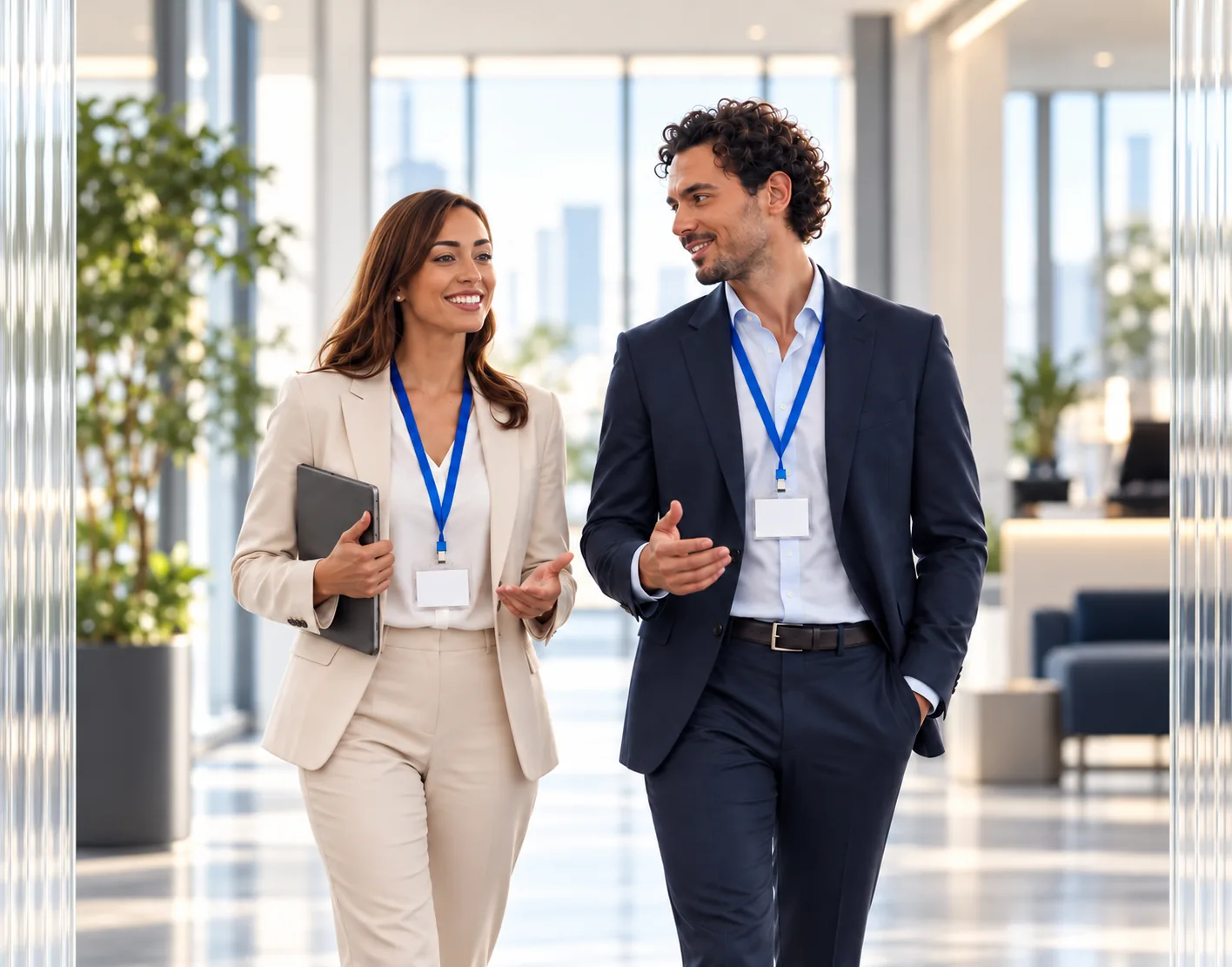 Two colleagues wearing lanyards, walking and talking in a glass-walled office.