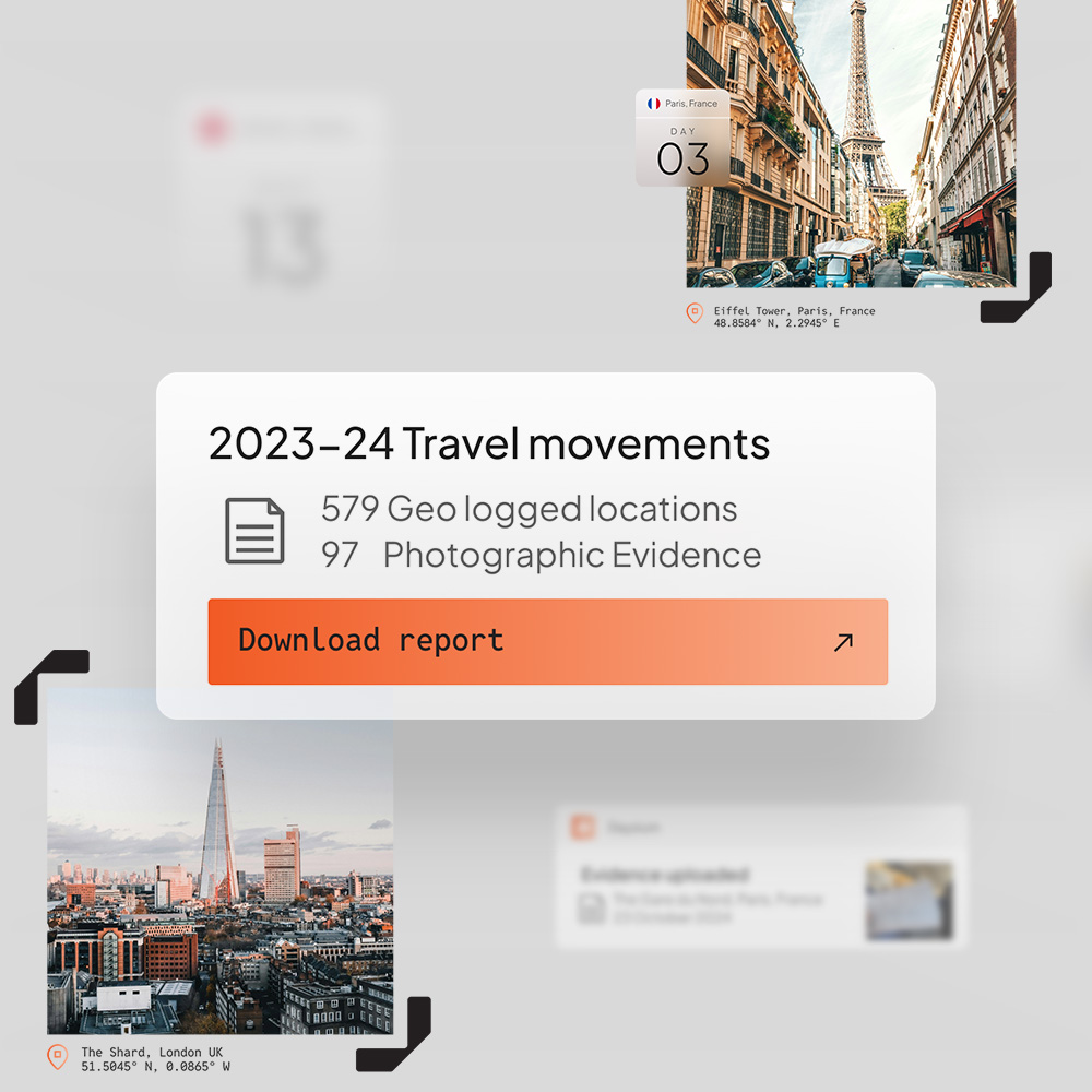 A Daysium travel-movements report with a download action, beside geo-tagged photographs of Paris and London.