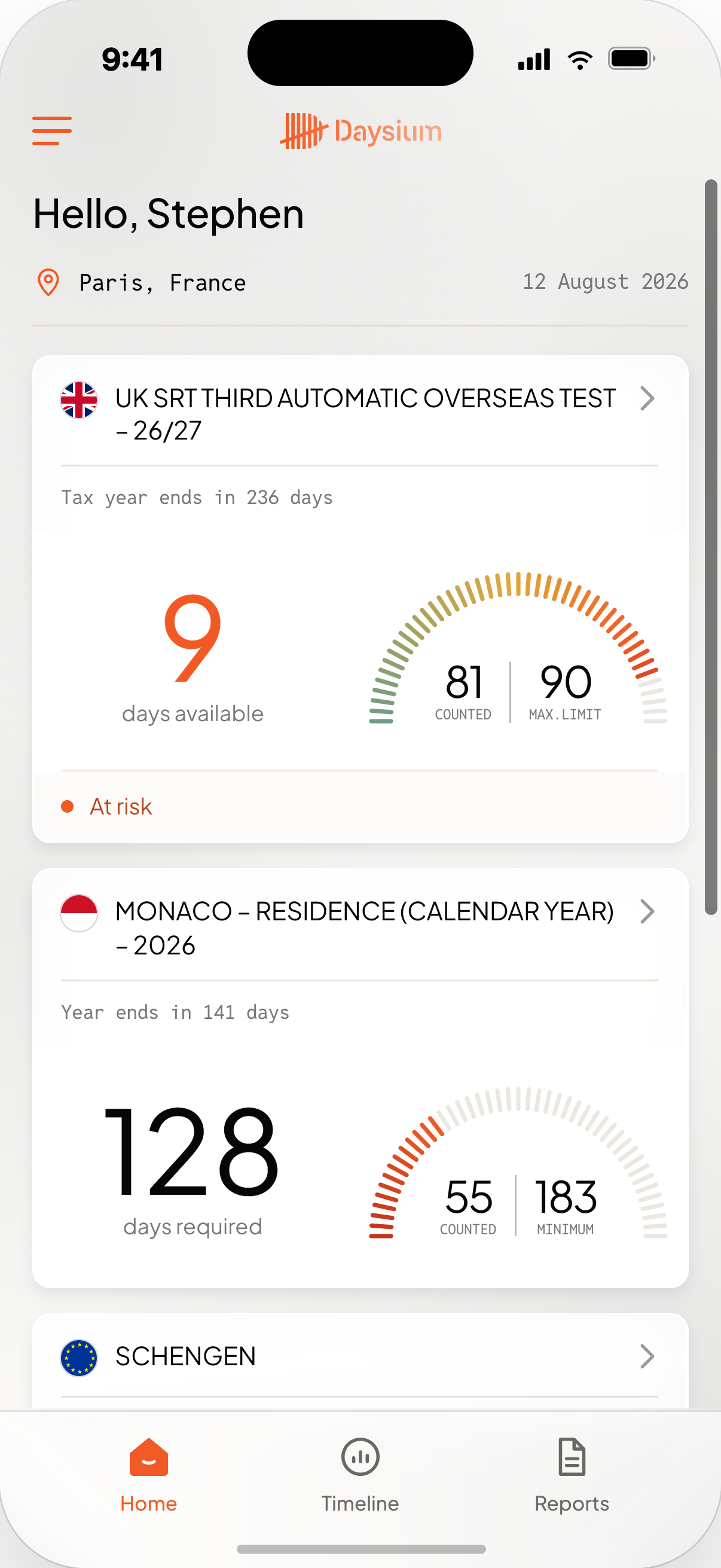 Daysium Mobile on a phone: Stephen Alderstone's day counts on 12 August 2026 — 9 days available against the UK's 90-day limit and flagged at risk, and 128 days still required to meet Monaco's 183-day minimum.