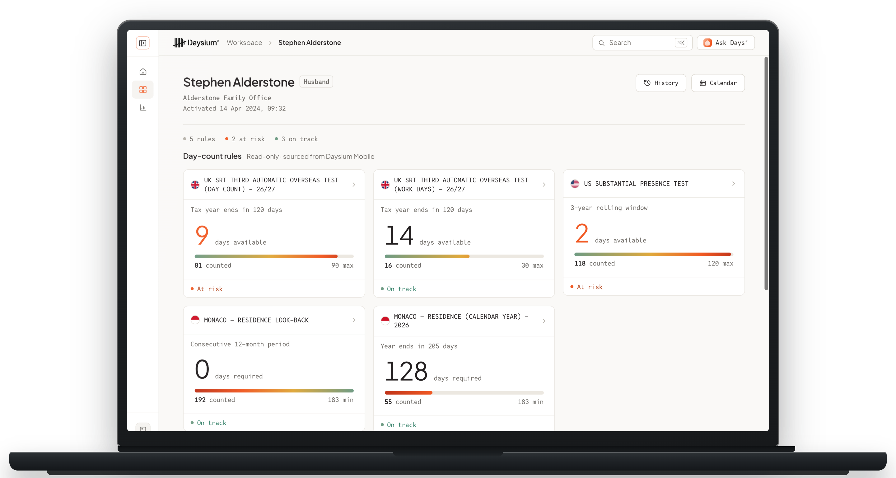 Daysium Portal on a laptop — the shared view of position and day counts.