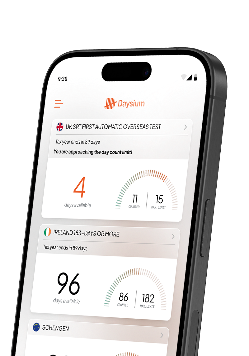 Daysium Mobile showing three Rule Cards at once: the UK SRT first automatic overseas test, Ireland 183-days, and Schengen.