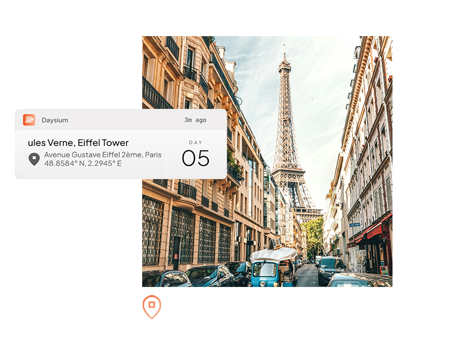 A Daysium location card for Paris, carrying its captured coordinates and the day it counts towards.