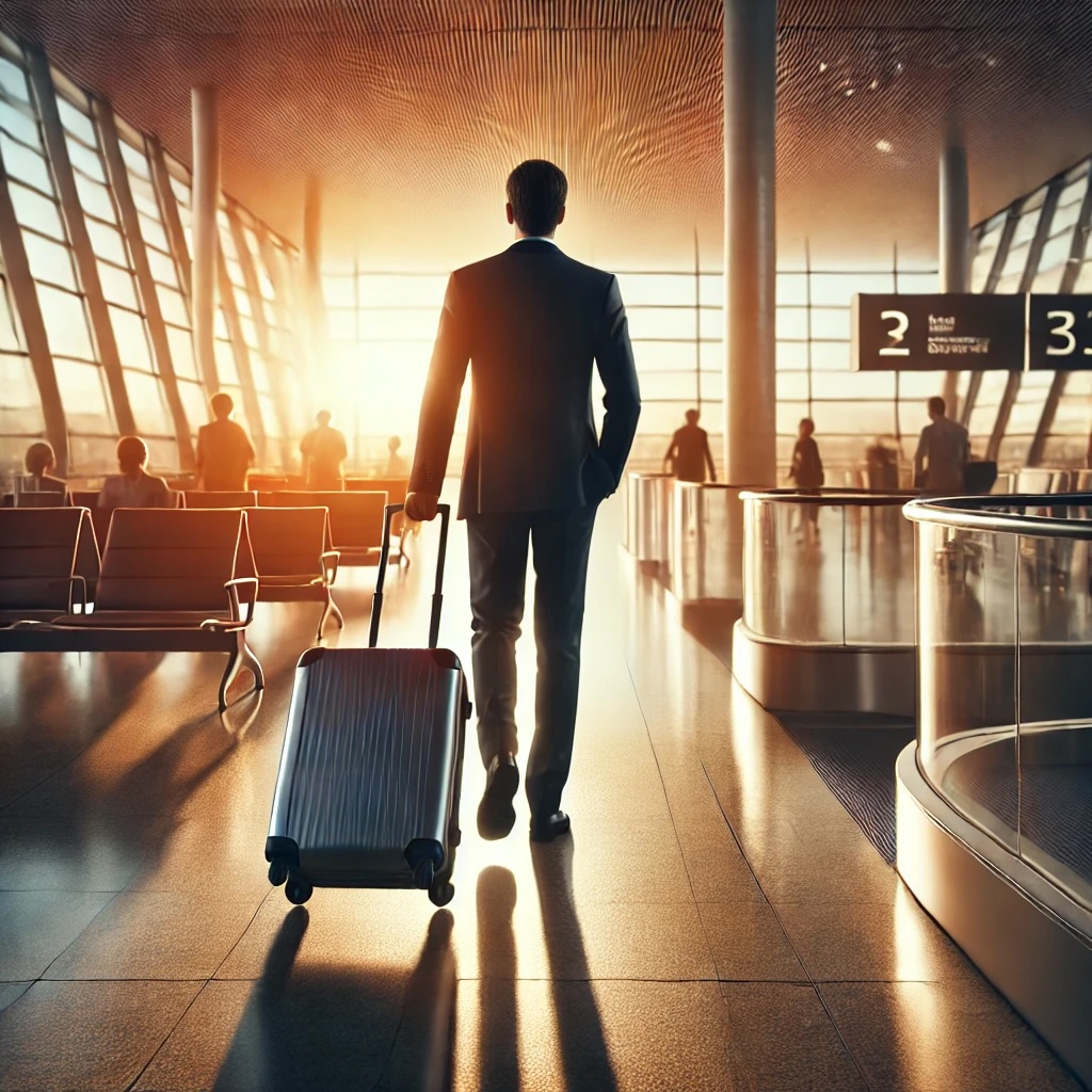 a businessman with luggage walking at the airport while the sun is setting in the background