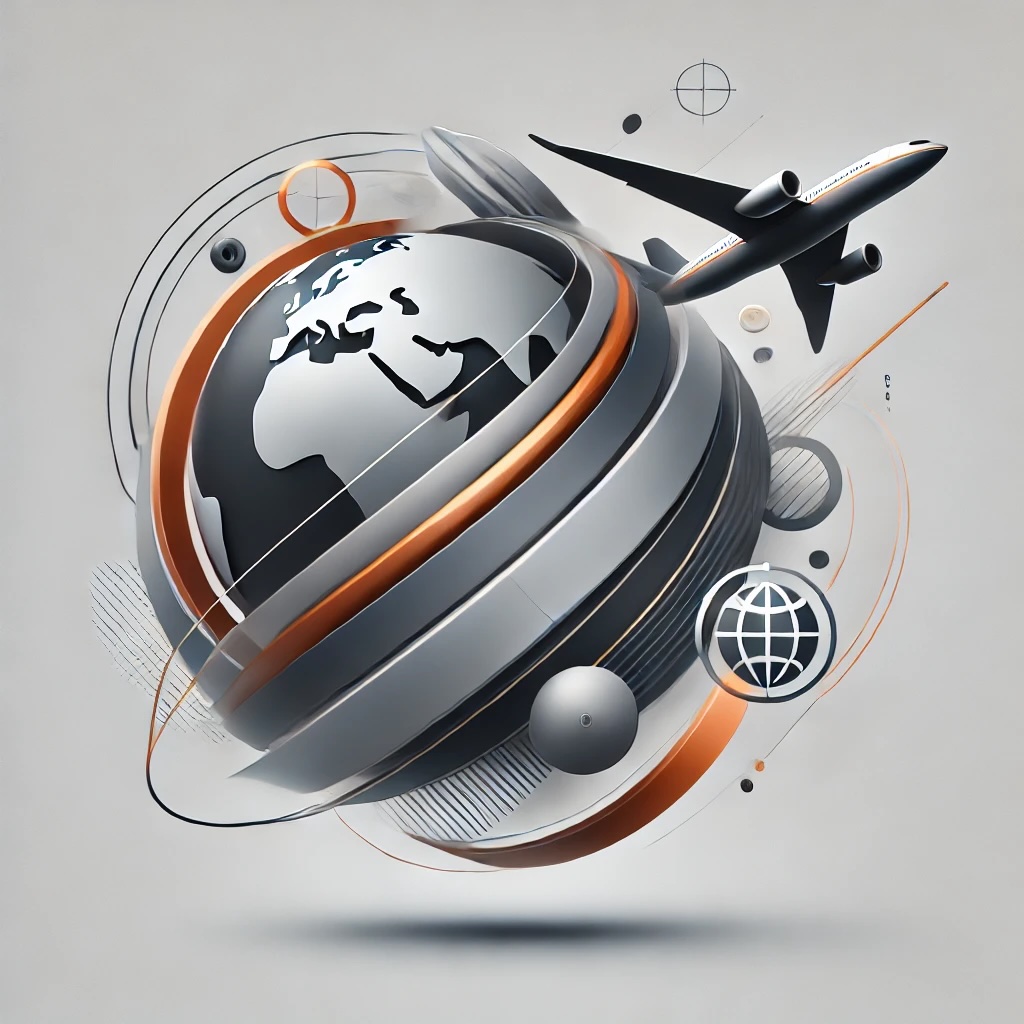 Business Travel Day Counting represented by a grey globe and plane with orange lines showing connections between countries.