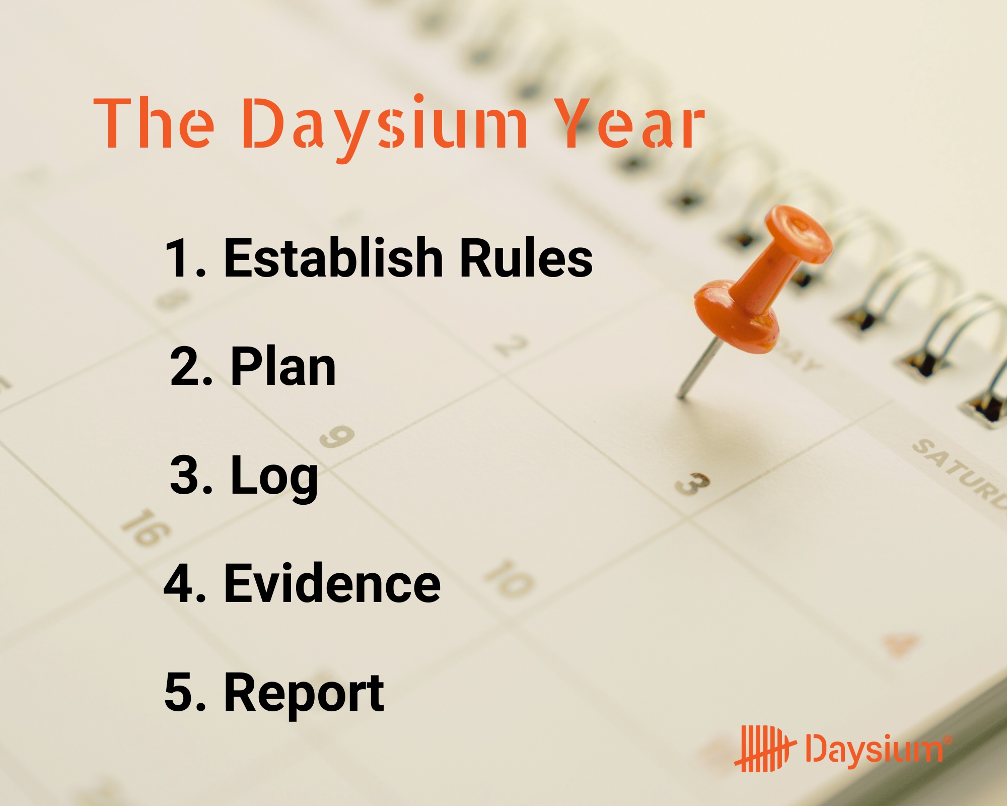 A list of the five steps of the Daysium Year: a process to strenghten tax residency compliance.