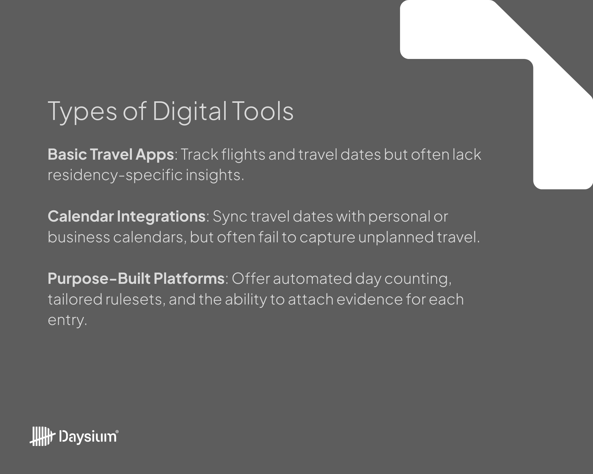 List of different types of automated day counting tools, including platforms like Daysium.