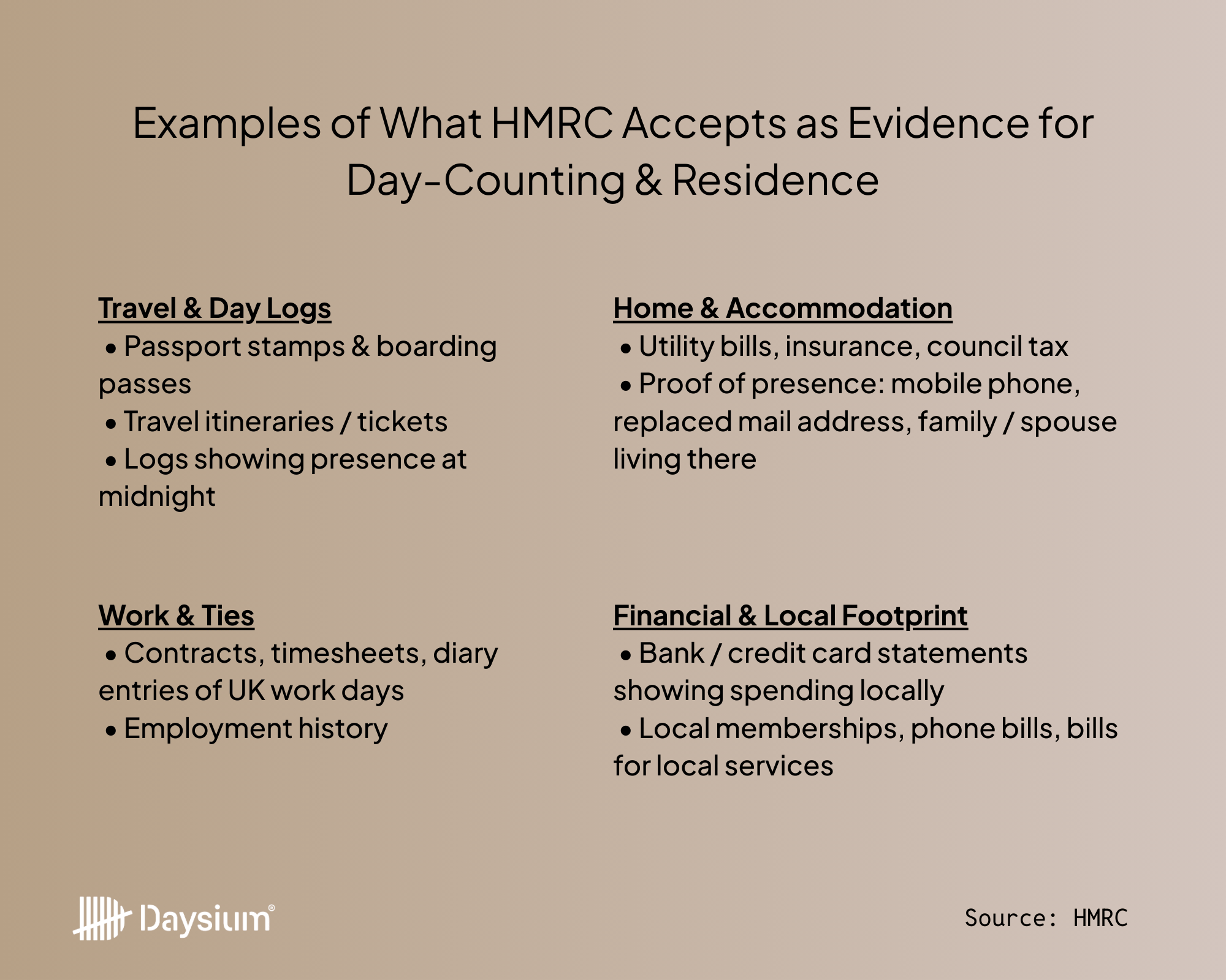 A list of example documents HMRC accepts as evidence during tax residency enquiries.