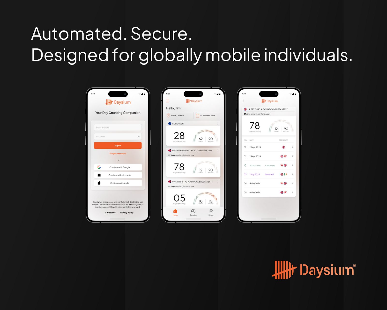 Three images of the Daysium companion app, a helpful family office technology solution.