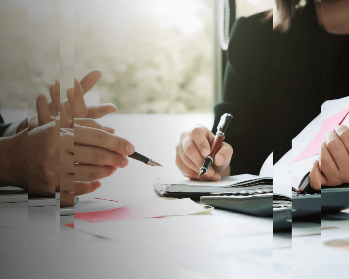 A distorted picture of a tax advisor talking with a private client.