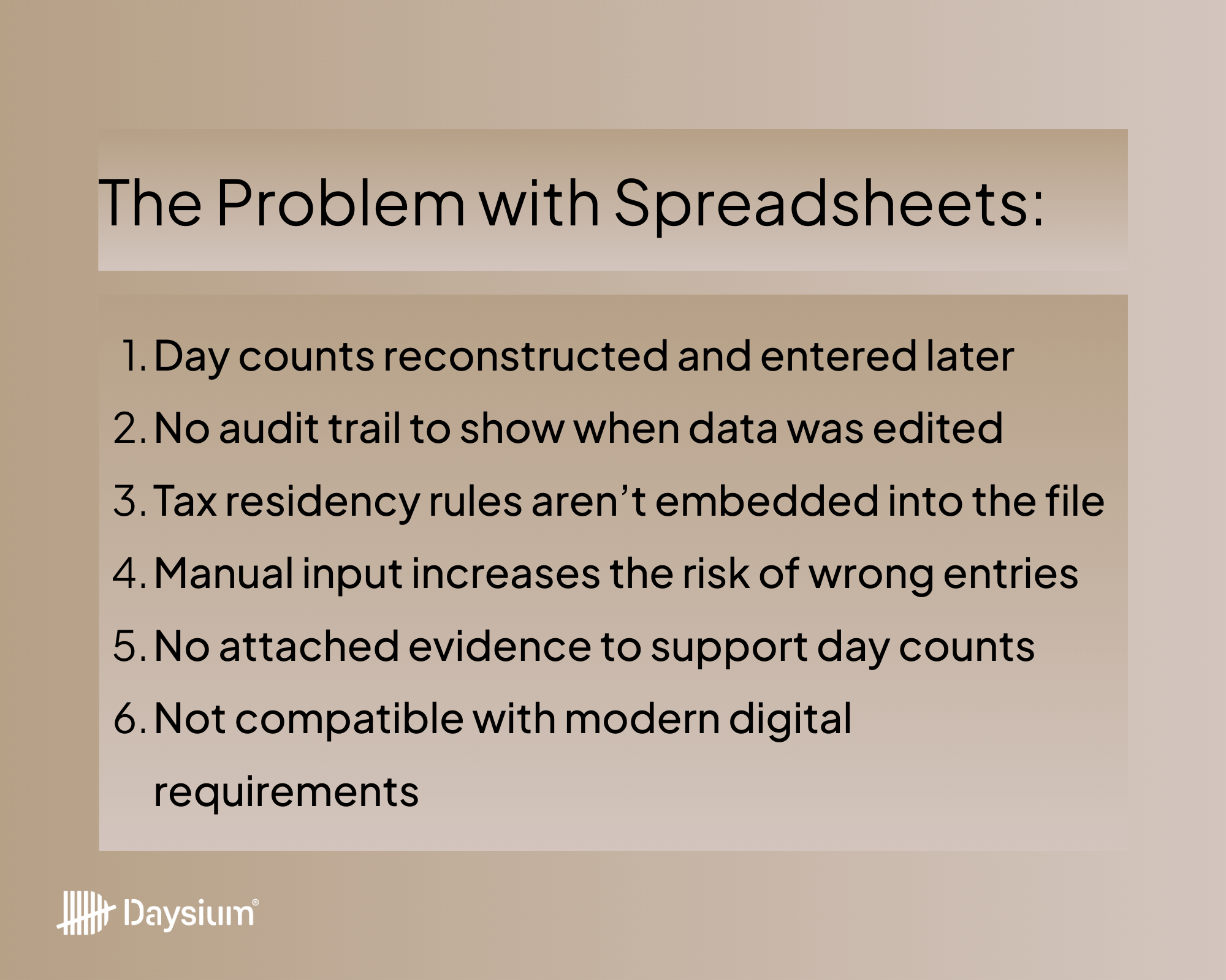 A list of six problems that spreadsheet day counting introduces.