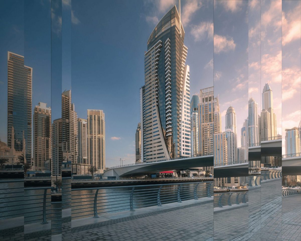 A sliced and stylised image of the UAE city skyline.