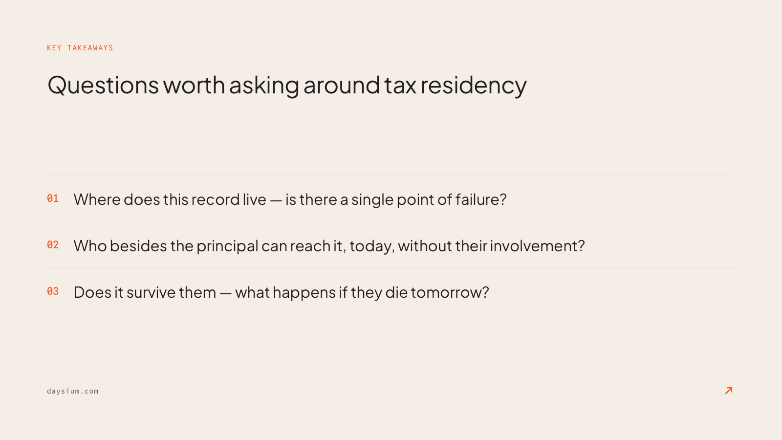 Questions family office administrators should ask about tax residency evidence management. 